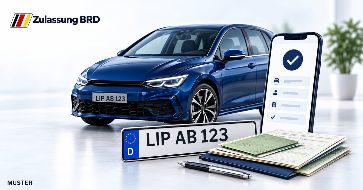 Online Fahrzeugzulassung in Bad Salzuflen: Musterkennzeichen LIP AB 123, Auto und Fahrzeugpapiere und Smartphone. Illustration mit Logo von Zulassung BRD.